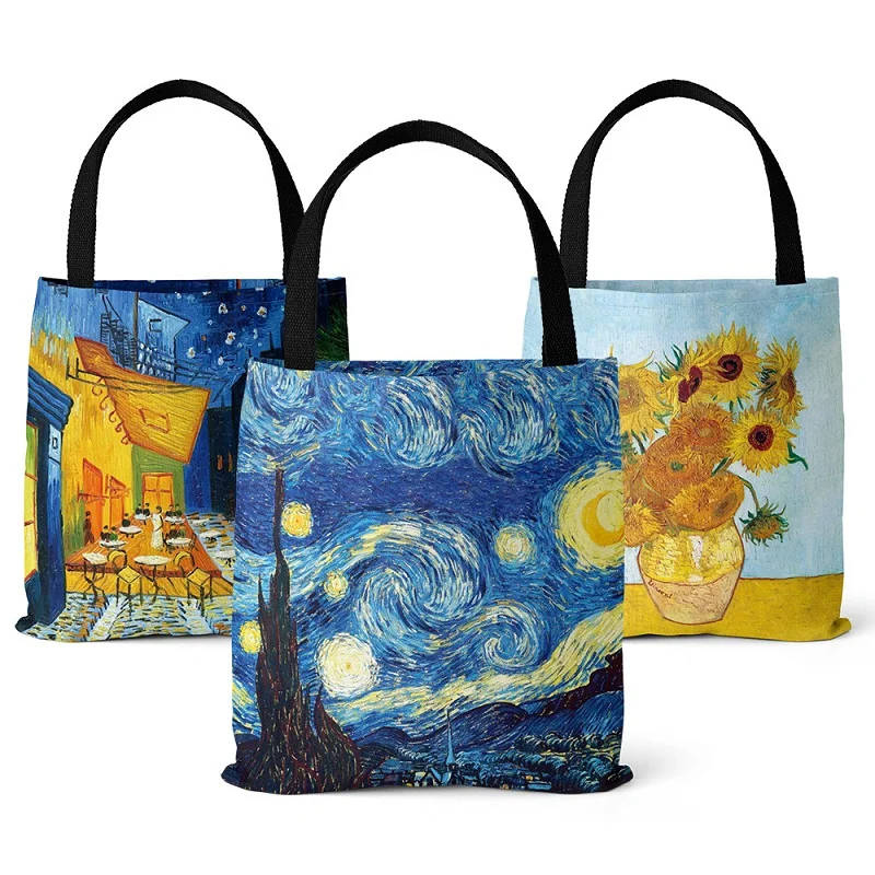 Van Gogh Starry Night Sunflower Canvas Shopping Bag Oil Painting Style Handbag Portable Folding Shoulder Bag Travel Storage Bag