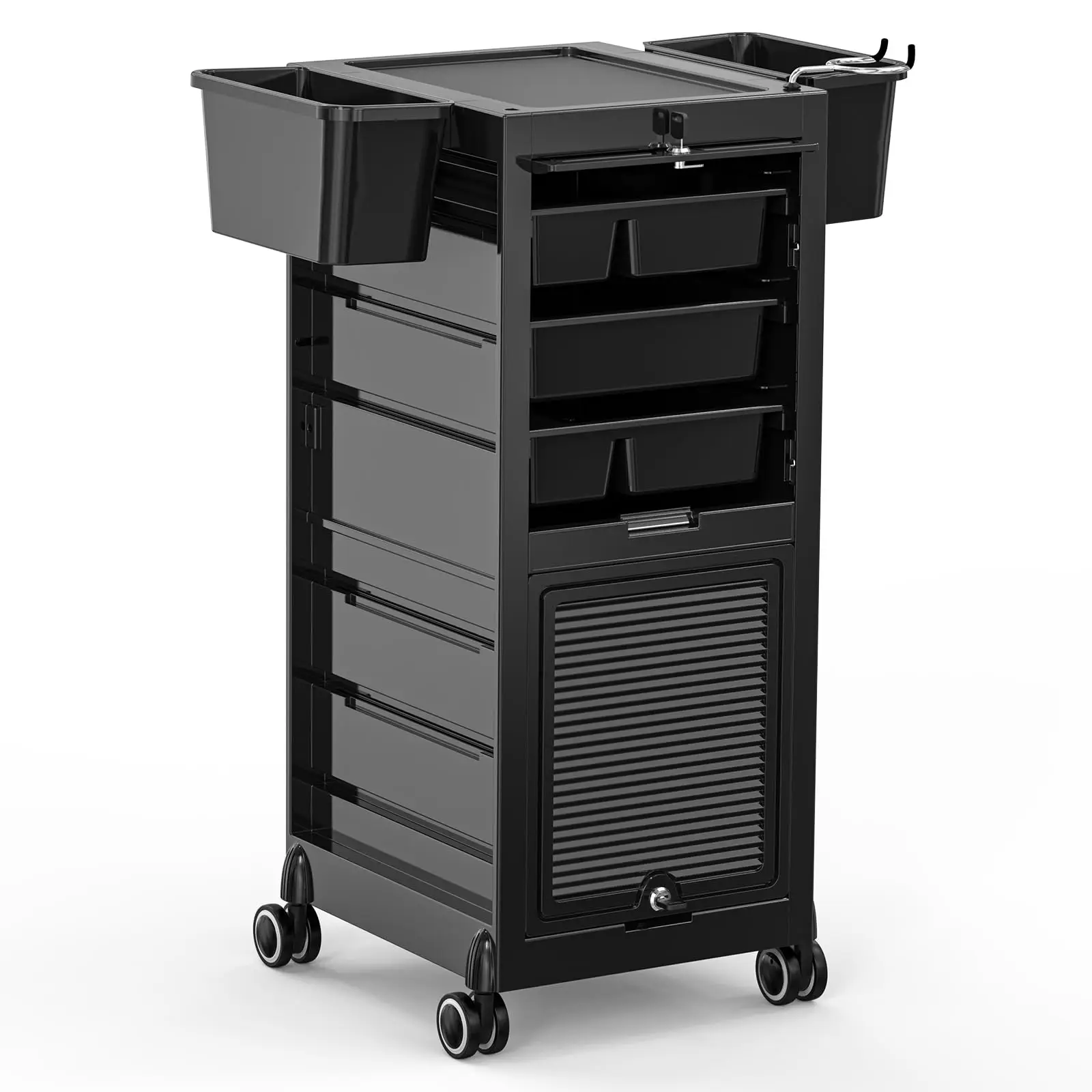 Salon Trolley Cart, Hair Stylist Station with 2 Lockable Doors, Rolling Hair Cart Organizer with Drawers & Bucket &