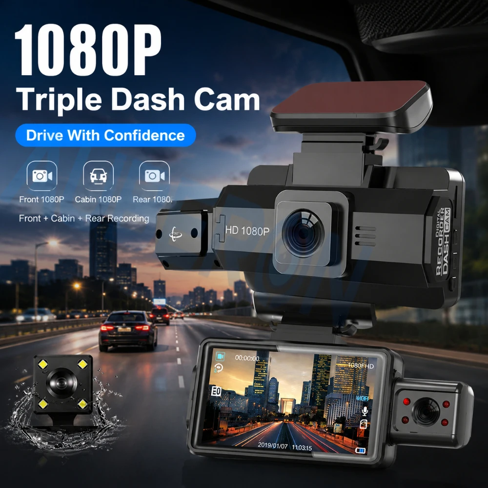 3 Channel Dash Cam 1080P Car DVR WiFi Camera Front Rear Recorder Night Vision Driving Recorder Loop Record G Sensor Auto Camera