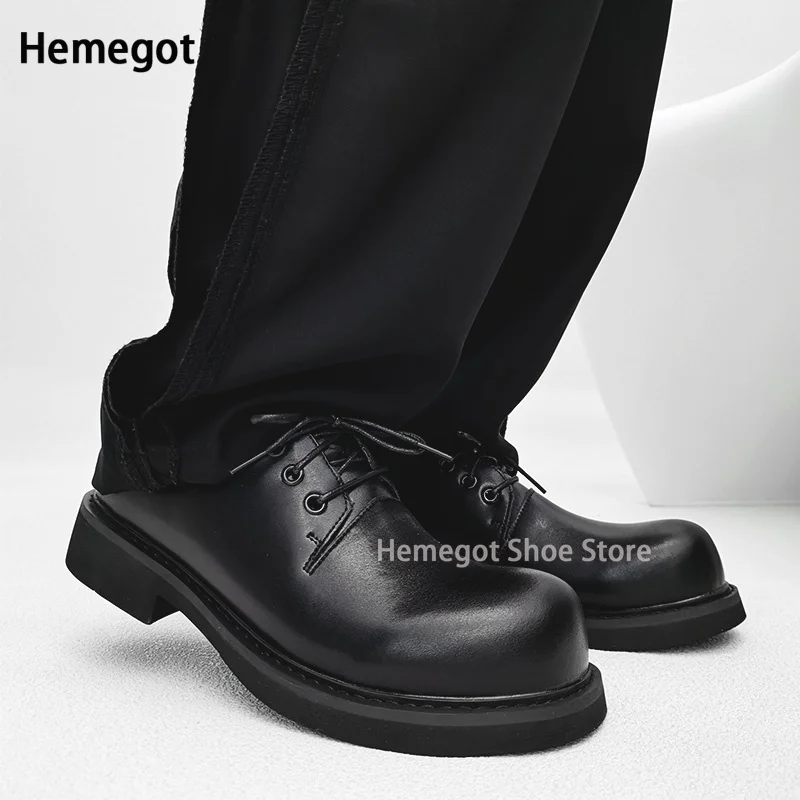 

Black Casual Leather Shoes Cocked Toe Men's British Style High-Grade Thick Soled Big Head Shoes Retro Leather Derby Shoes