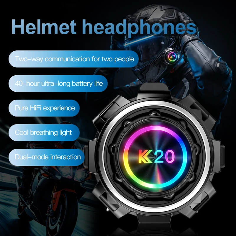 K20 Motorcycle Helmet Bluetooth Intercom Headset 800M 2 People Intercom 600mAh IP65 Waterproof Colorful RGB Breathing Light