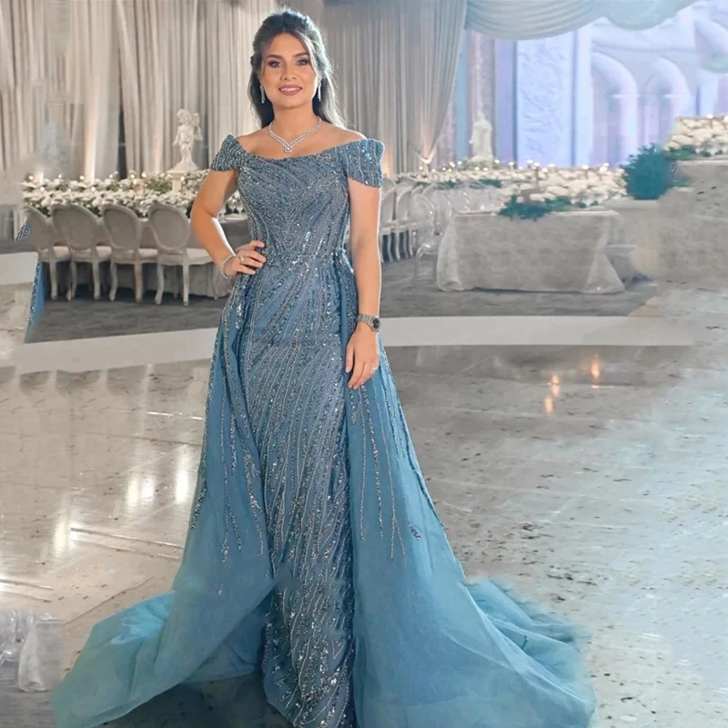 

Dusty Blue Sequin Luxury Evening Dresses With Detachable Train Off the Shoulder Dubai Arabic Long Prom Wedding Gowns