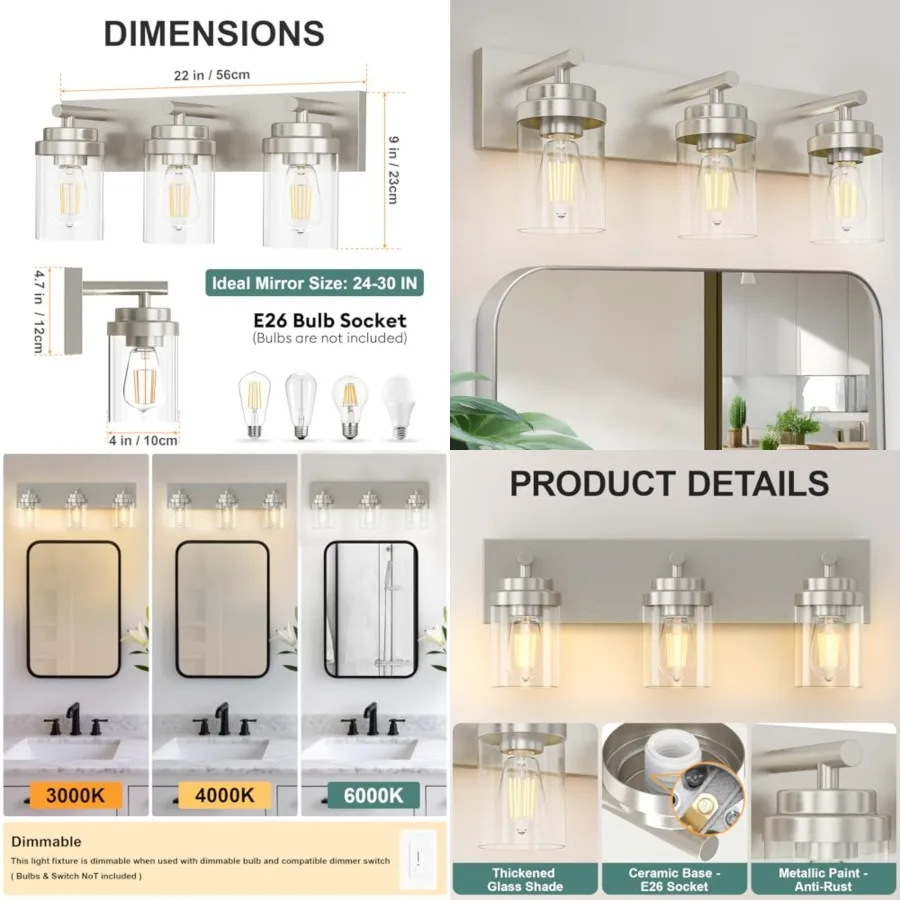 

Bathroom Vanity Light Fixture, 22 Inch Brushed Nickel Bathroom Light Fixtures Over Mirror, with Clear Glass Shade, Modern Farmh