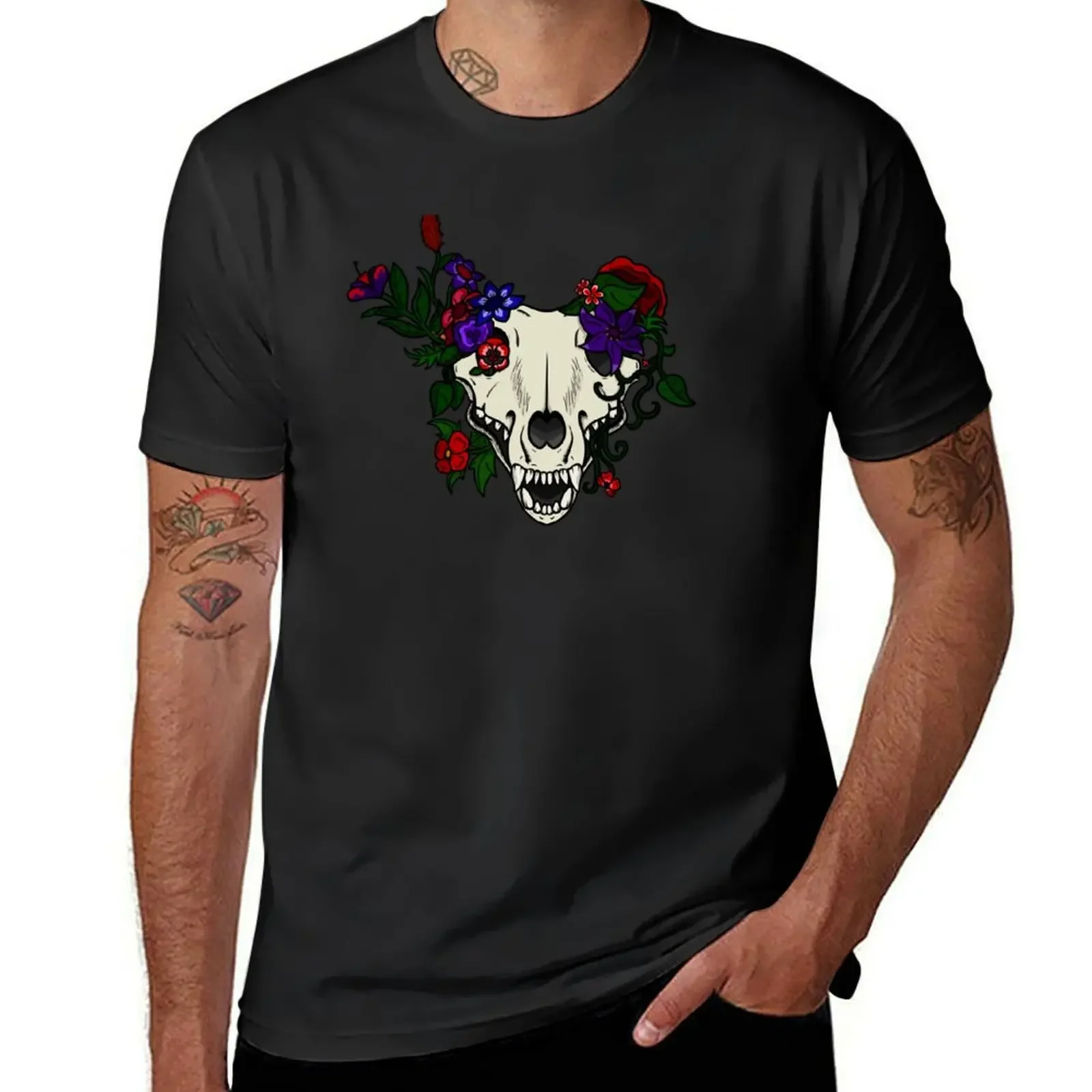 Wolf skull overgrown with flowers T-Shirt sweat summer clothes anime figures anime tshirt mens graphic t-shirts