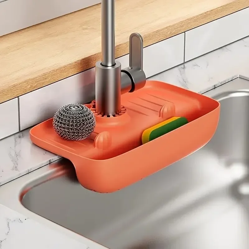 Household TPE Sink Drain Rack Faucet Splash Proof Drain Rack Water Collecting Pad Sponge Rag Steel Wool Gadget Storage Box