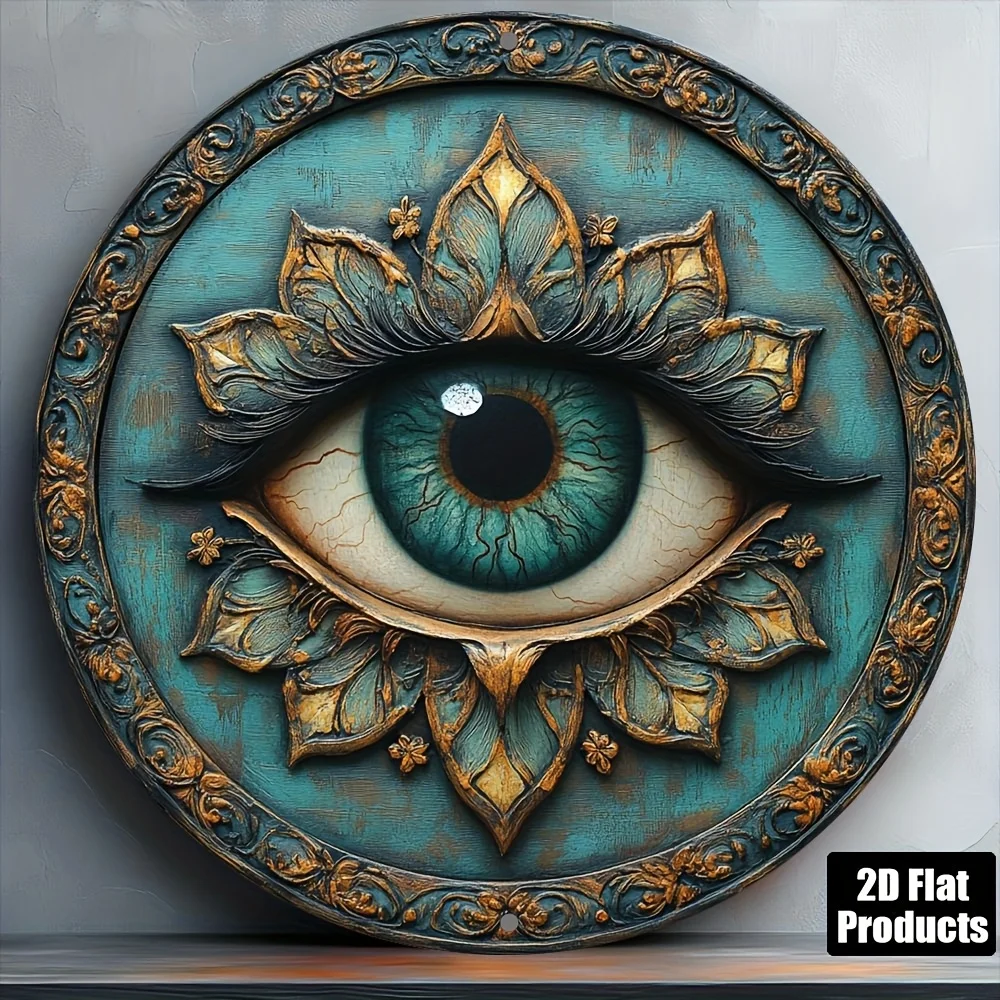 2D Flat, [2D Flat] 2D Flat Print 1pc Metal Iron Sign 2D Flat, 2D Flat Eye Protection Theme, Round Metal Decorative Plaque, Suita