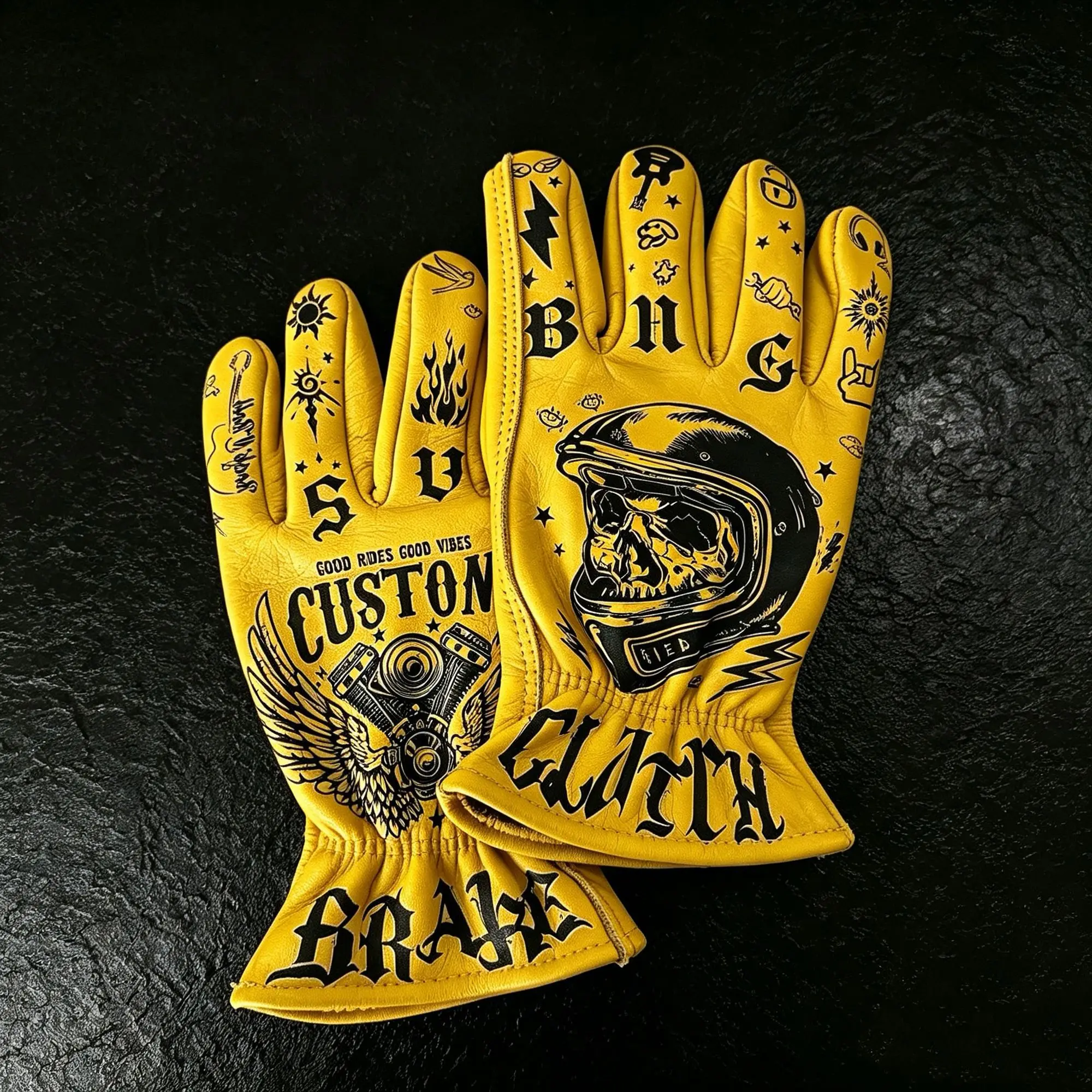 Genuine Cowhide Leather Motorcycle Gloves, Anti-Slip Graffiti Cool Design — Men's Riding Gloves For Outdoor Moto, Durable Sport