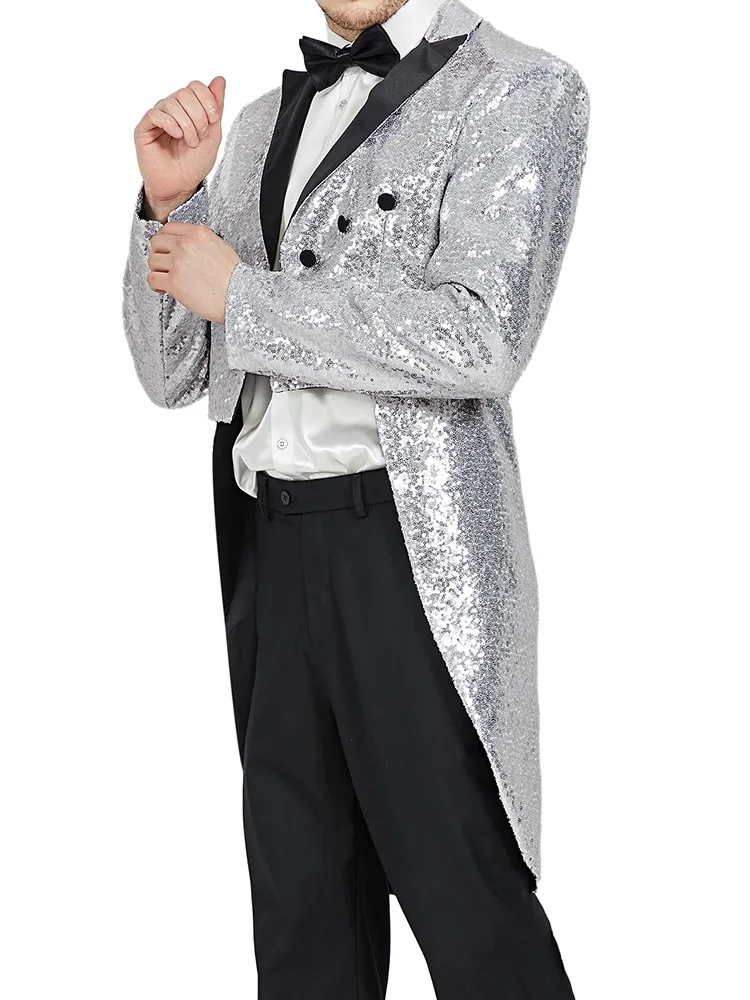 Men Sequin Tuxedo Suit Jacket Sparkly Tails Slim Fit Tailcoat Dress Coat Swallowtail Dinner Party Wedding Formal Blazer