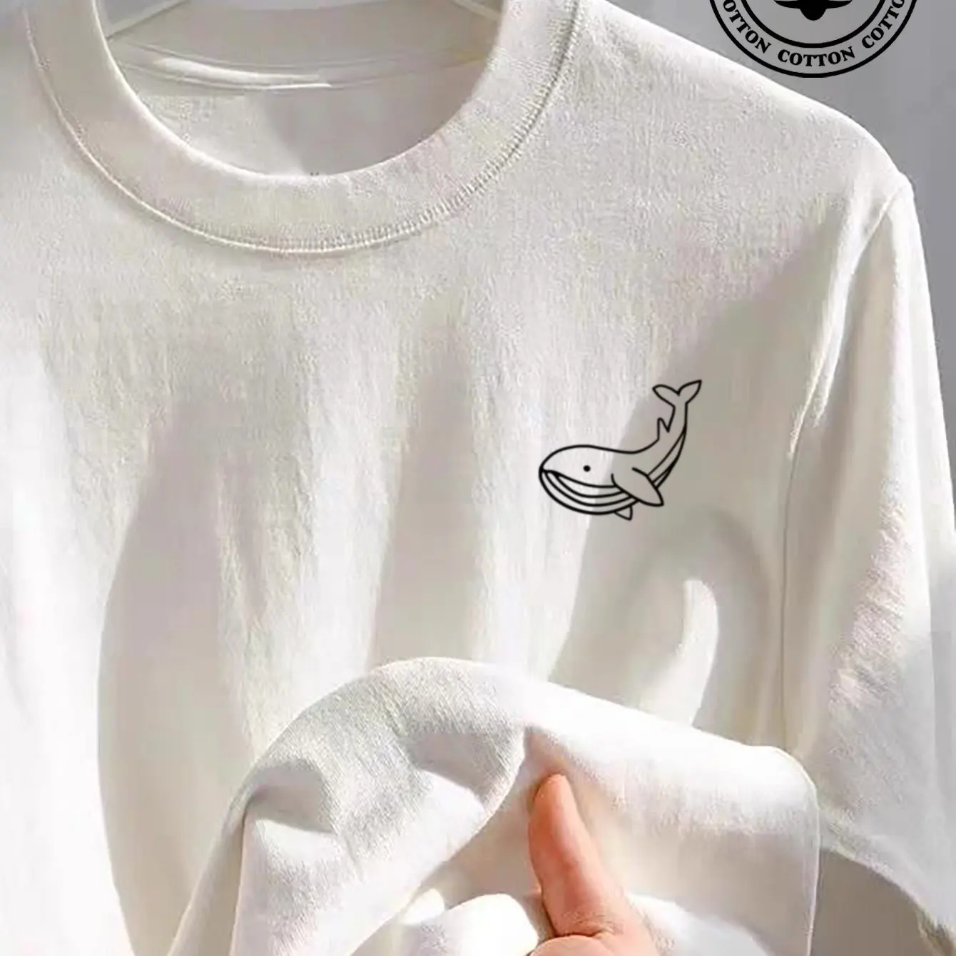 Herren Sommer 100% Baumwolle Modisches Lässiges Sport-T-Shirt mit Großem Wal-Muster Bedruckt Rundhals Kurzarm Oberteil