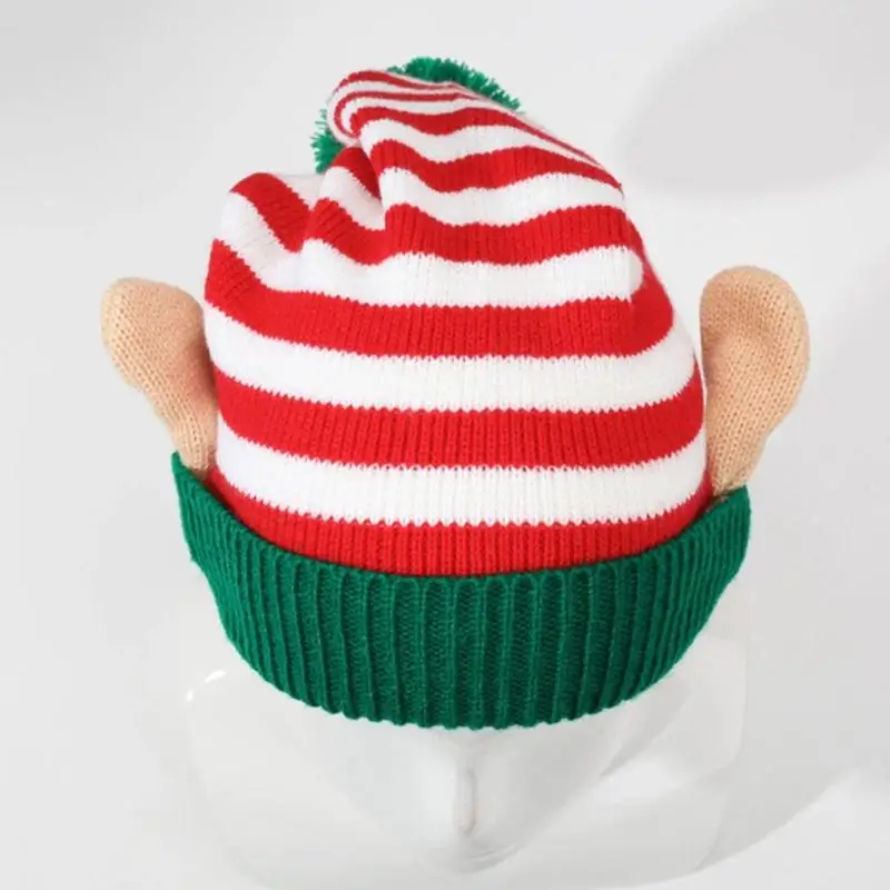 652F قبعات شتوية أكريليك مخططة مع زينة للأذن لقبعات كرة عيد الميلاد #4