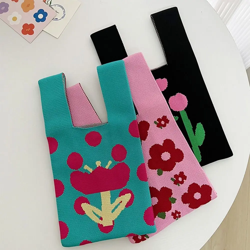 Bolso de mano de estilo étnico de dibujos animados para mujer, bolsa de hombro para cosméticos, almacenamiento de flores, bolso de mano de punto, bolso de muñeca