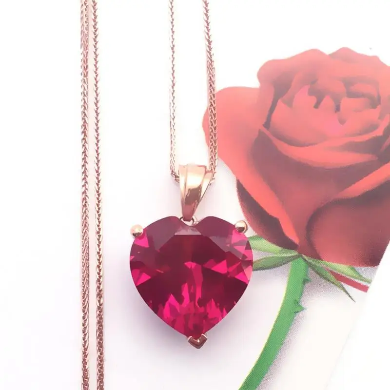 

585 Purple Gold Plated 14K Rose Gold Inlaid Ruby Heart-shaped neckalce for woman Pendant Charm Sweet Wedding Jewelry