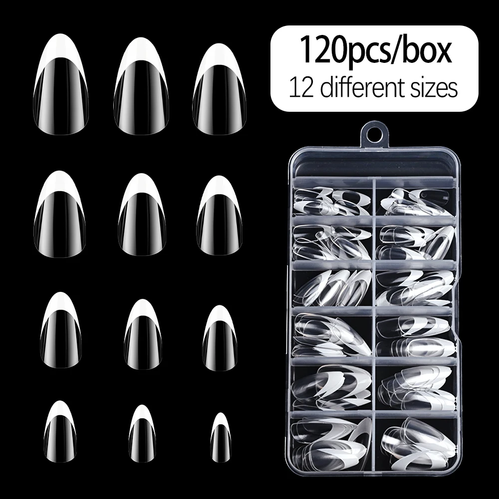 120Pcs/Box Short Almond French Tips Press on Nails 12 Sizes Preshaped Soft Clear Gel Fake Nails Full Cover Acrylic False Nails