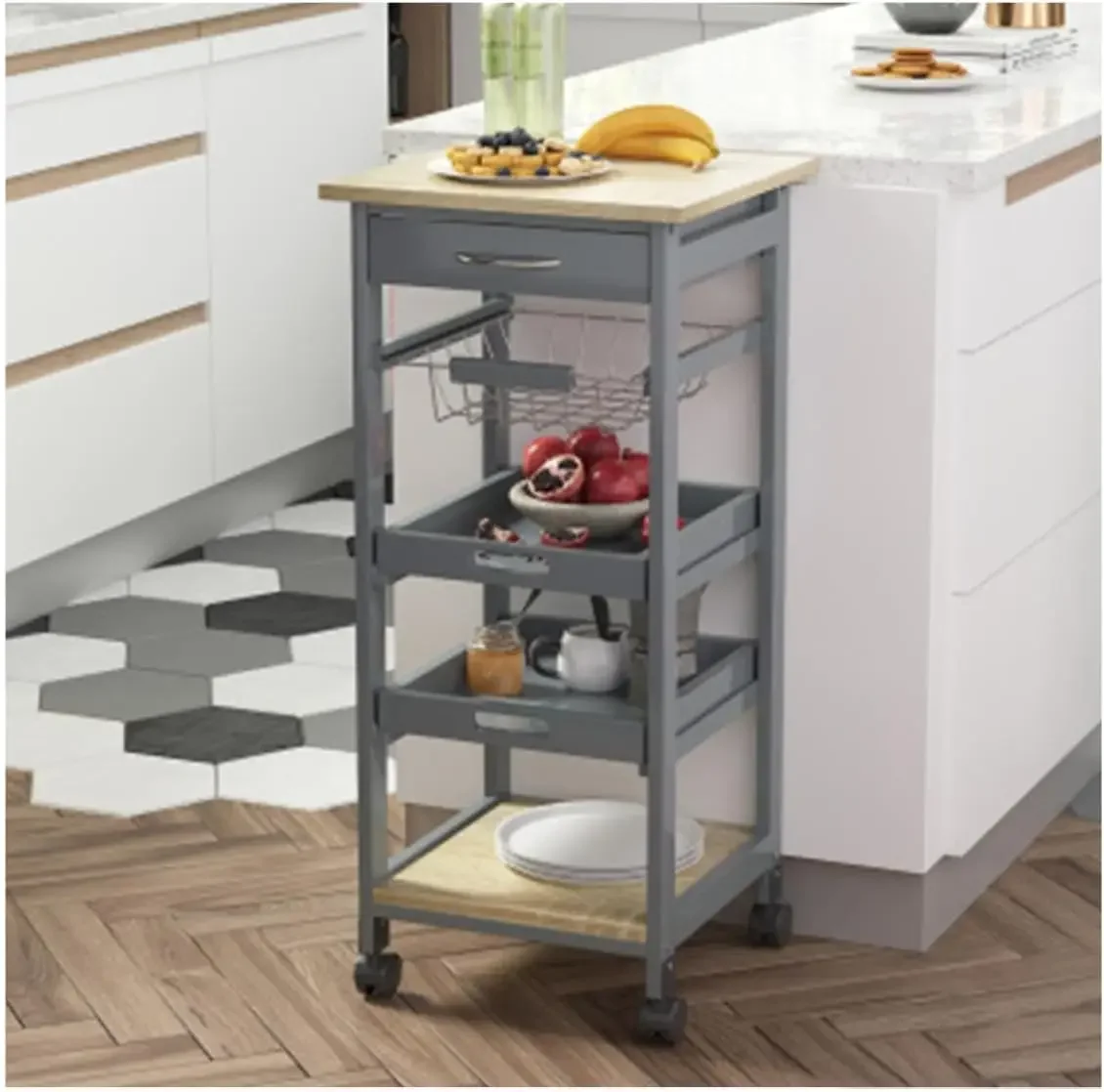 

Mobile Rolling Kitchen Island Trolley Serving Cart with Underneath Drawer & Slide-Out Wire Storage Basket for Dinning Room