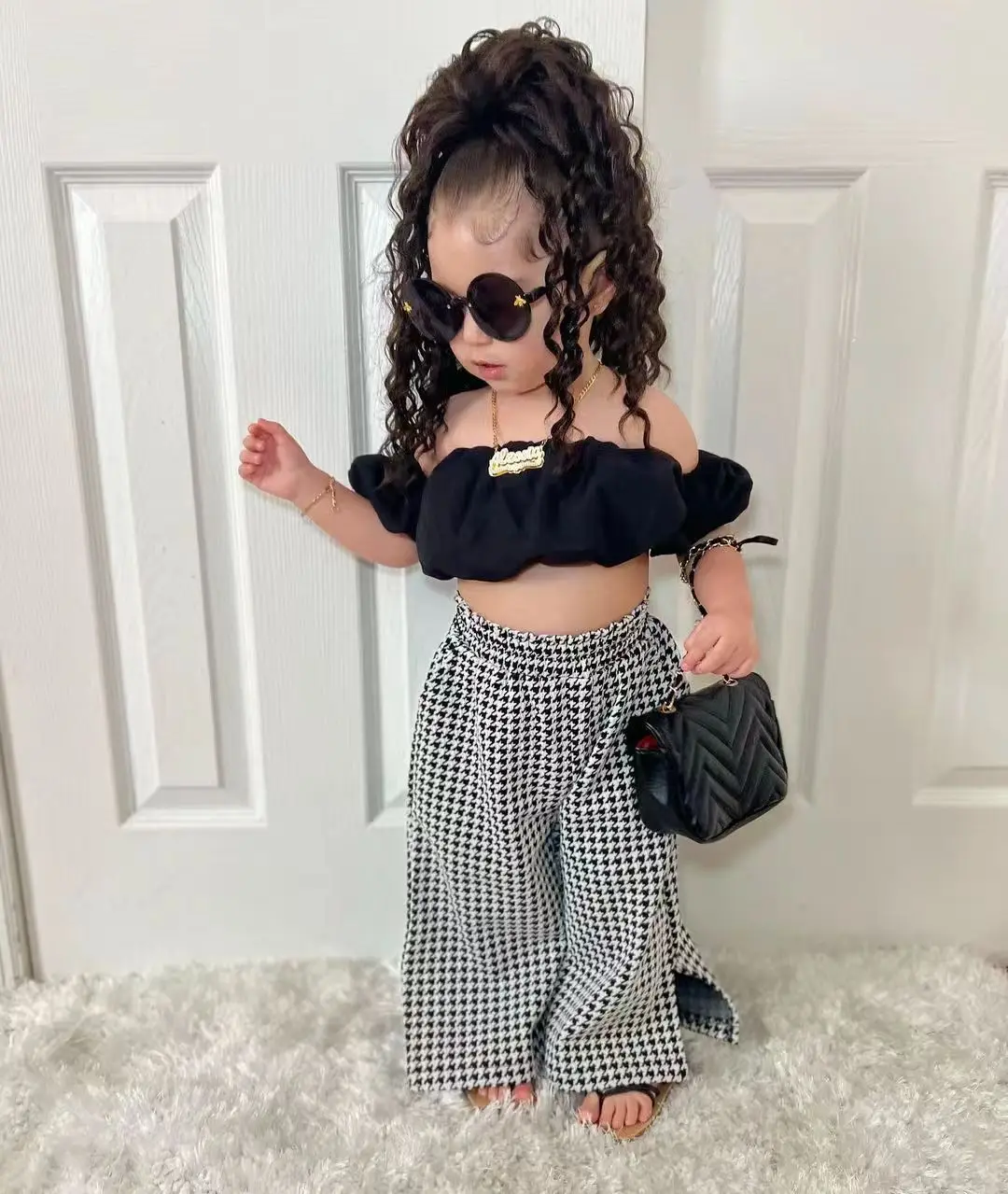 New 2024 Summer Girls Clothes Sets Kids Boat Neck Strapless Puff Short Sleeve Tops + Houndstooth Pants Children Clothing