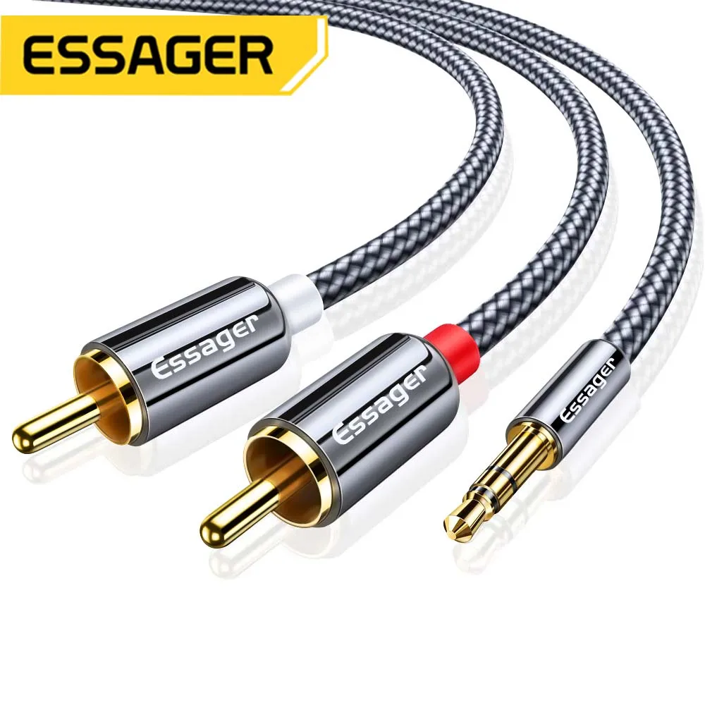 Essager-RCA Jack para 2 RCA Aux cabo de áudio, 3,5mm, macho para adaptador 2RCA, divisor para TV Box, Home Theater, fio do altifalante