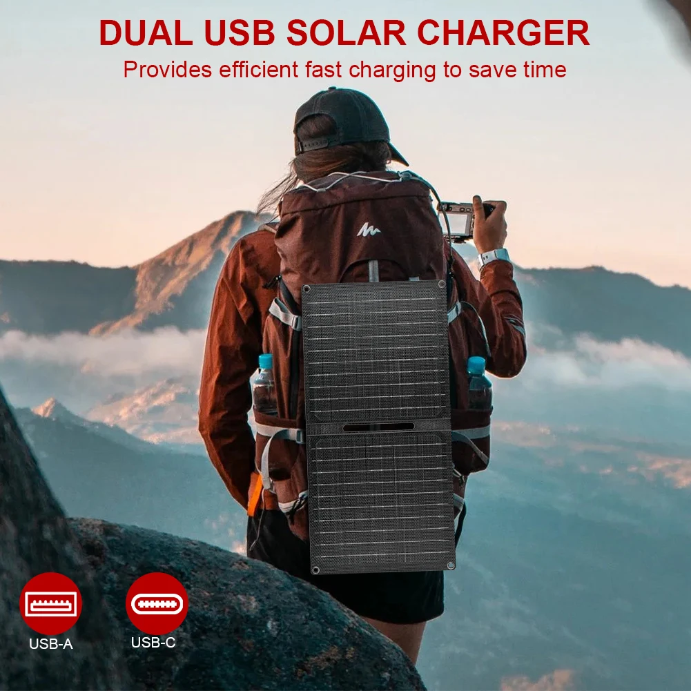 Painel solar portátil de 24w com saídas USB-C USB-A painel solar dobrável painel de carregamento solar para banco de potência do telefone pequeno ventilador
