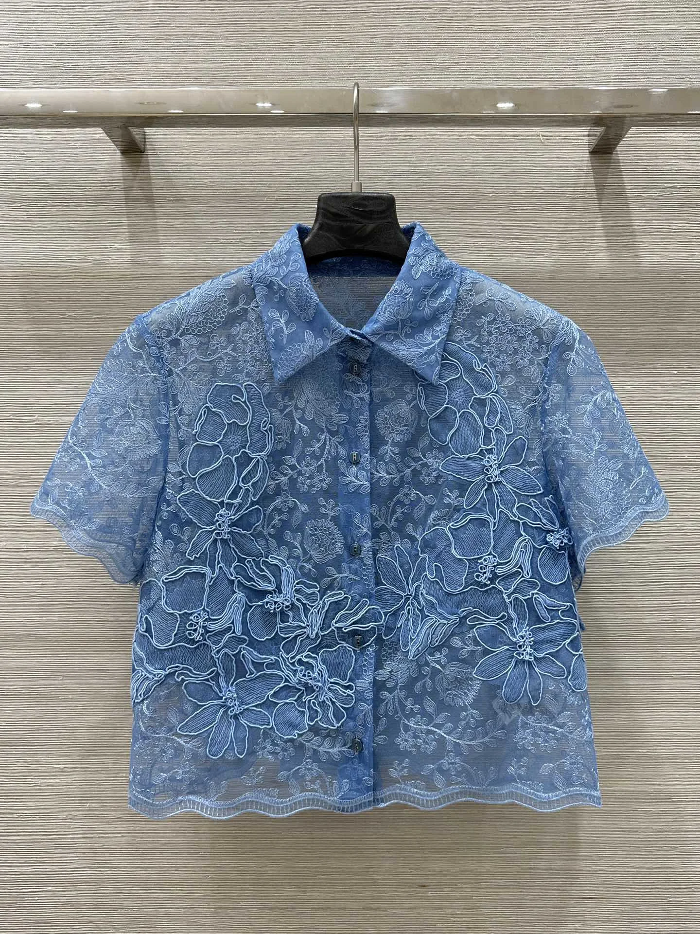 

Women Lace Embroidery Mesh Spliced Set Single Breasted Turn-down Collar Short Sleeve Shirt + Elastic Waist Pleated Skirt Suit