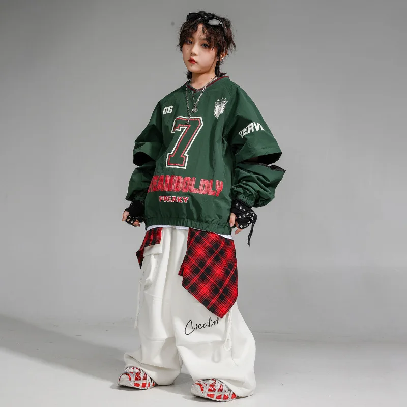 Kinder-Hip-Hop-Kleidung, grün, V-Ausschnitt, elastischer Saum, Sweatshirt, weiß, lässig, breite Cargohose für Mädchen, Jungen, Jazz-Tanzkostüme, Kleidung