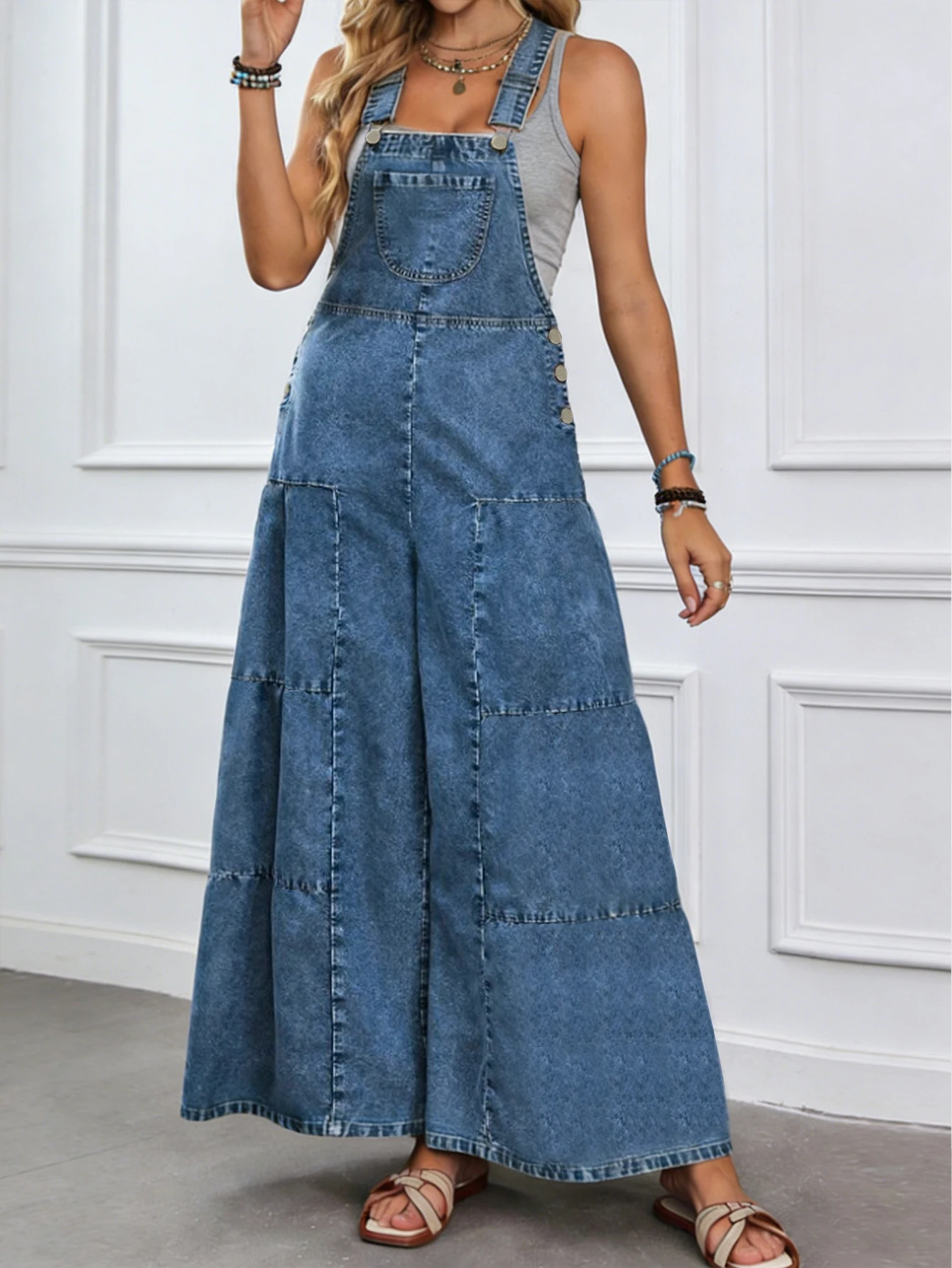 Sleeveless Jumpsuit - Denim bretelsbroek voor dames, wijde pijpen,