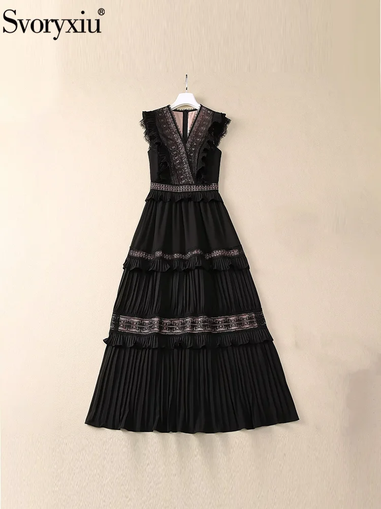 Svoryxiu Fashion Runway Summer Party Black Elegant Long Dress Women's Lace V-Neck Flounces Sleeve High Waist A-Line Long Dress