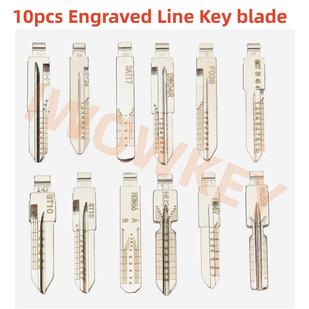 10pcs Engraved Line Key Scale Shearing Teeth Blank Car Key Blade HU101 HY15 HU64 HU66 HU83 HU87 HU92 HU100for KD VVDI XHorse