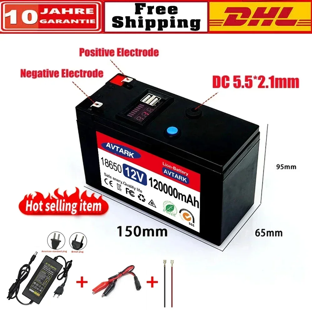 

12V 120Ah Rechargeable Battery With BMS for solar energy, Fish Finder, Scooter, Light, Kids Car, with Charger lithium battery