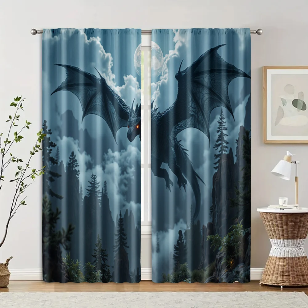 2 pcs, filtering curtains (excluding rods, non-movable, without batteries) Dragon Forest for use in bedrooms and living rooms