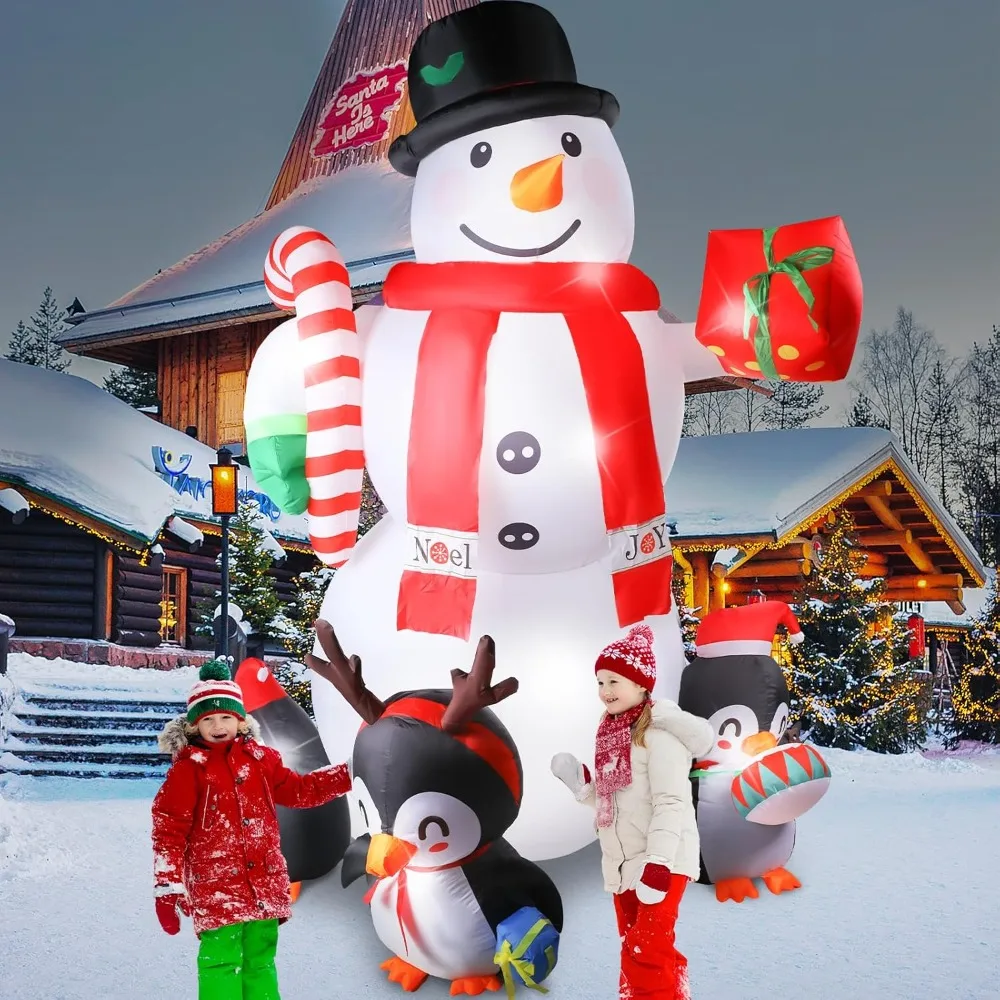 Christmas Inflatable 12 Ft Giant Snowman Lights Blow Up Snow Man with Black Hat Red Scarf Candy Canes Gift Christmas Inflatable