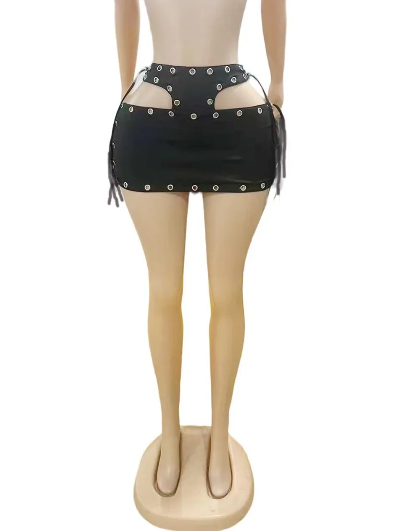 메탈 그로밋 레이스업 홀터넥 바디콘 미니스커트 여성 패션 섹시 Y2K 스트릿웨어 슬림 나이트 클럽웨어 바텀 캐주얼 스커트