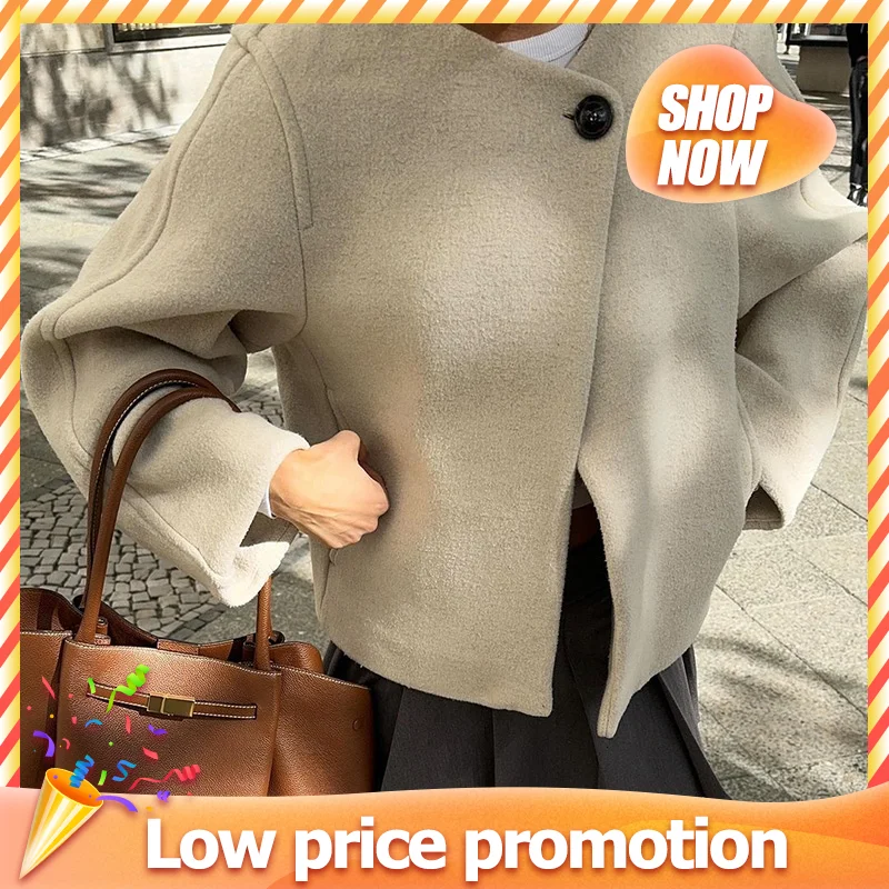 Elegant Solid One Buttons Women Short Woolen Coat Fashion O-neck Long Sleeve Autumn Jacket 2024 Female Chic High Street Overcoat