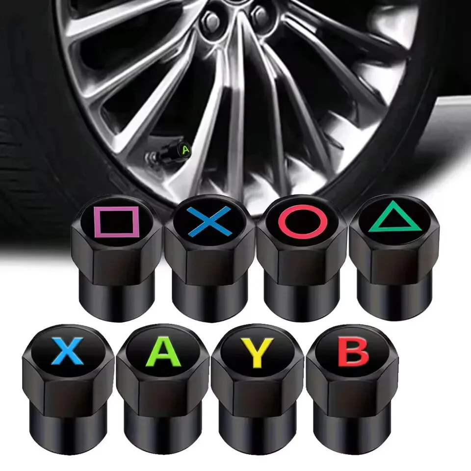 4PC Car Wheel Tire Valve Caps English XYAB Dustproof Game Button Symbol Tyre Stem Air Cover Aluminum Tire Valve Caps Car Styling