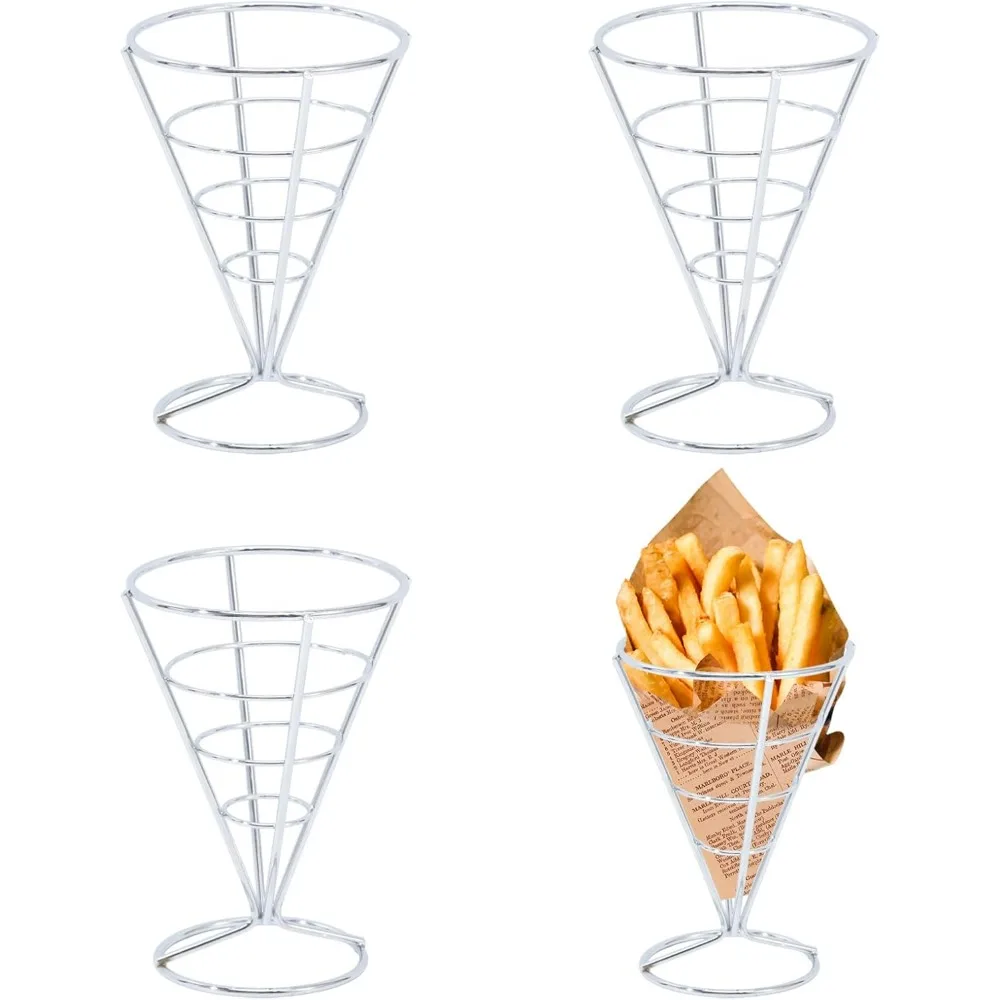 4 Pcs French Fries Stand Cone Basket Fry Holder Iron Cone Holders Reusable Snack Basket for Home Party Kitchen Restaurant