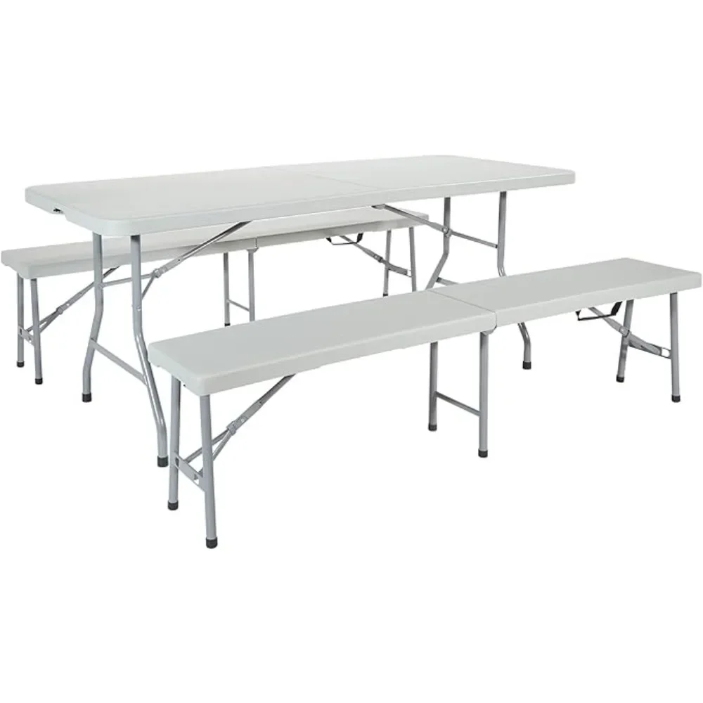 

Resin Furniture for Indoor or Outdoor Use, 3-Piece Set, 2 Folding Benches and 6 Foot Table