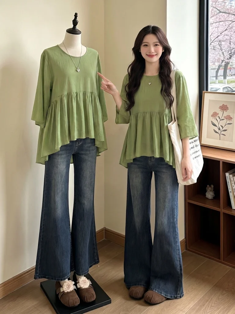 Slim Fit Green Doll Shirt Short Sleeve T-Shirt Women's Summer New plus Size Conceal Belly Slimming Top Korean Style Casual Wear