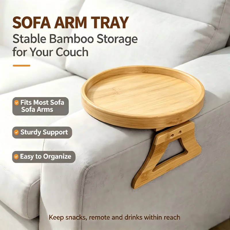 Solid Wood Sofa Armrest Clip-On Tray Organizer - Multi-Purpose TV Snack Table with Remote Control and Coffee Cup Holder