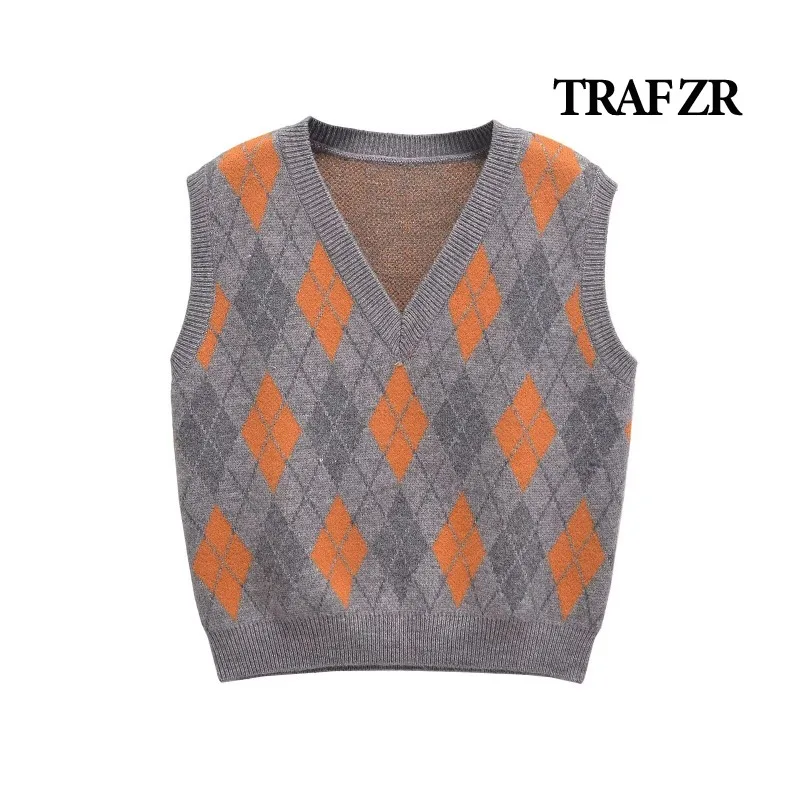 TRAF ZR Lady Vests Ladies Tops Sleeveless Autumn New Products Women's Classic Vest Vintage Knit Vest Geometric V-Neck Vests