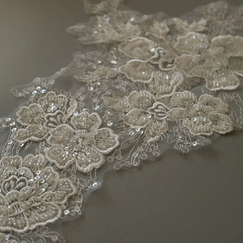 1yard luxury beaded embroidery lace appliques for wedding dresses Rhinestone lace applique patches Embroidery lace parches ropa