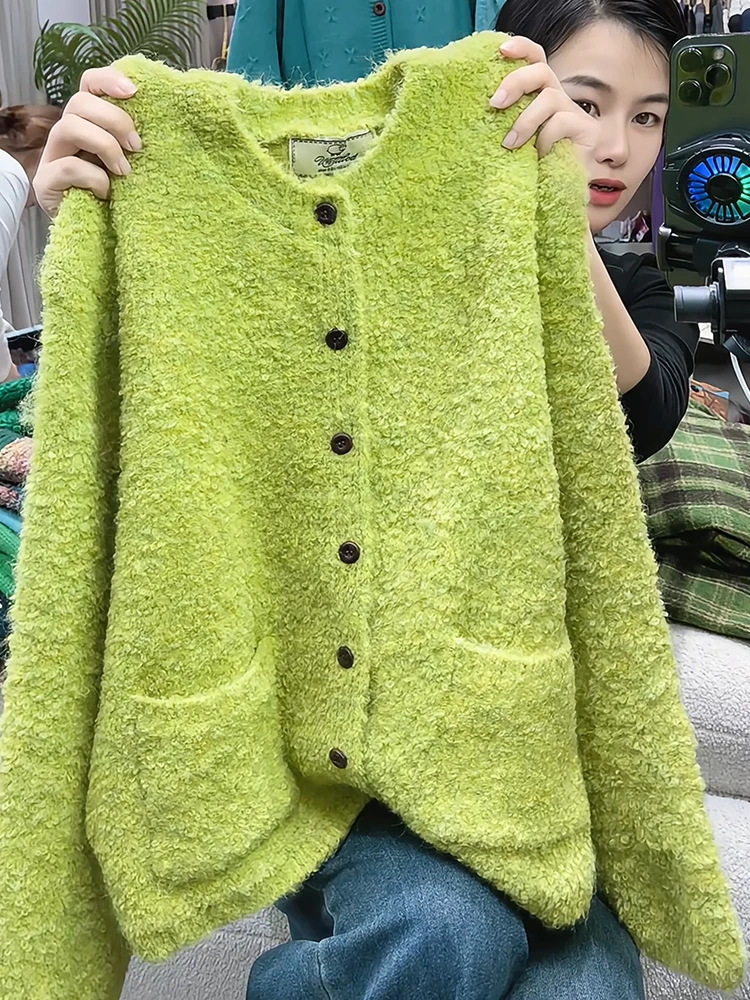 

Light een Knitted Furry Open Cardigan Outerwear Ele Agel plus Size Women's Top Autumn New Arrival French Sle