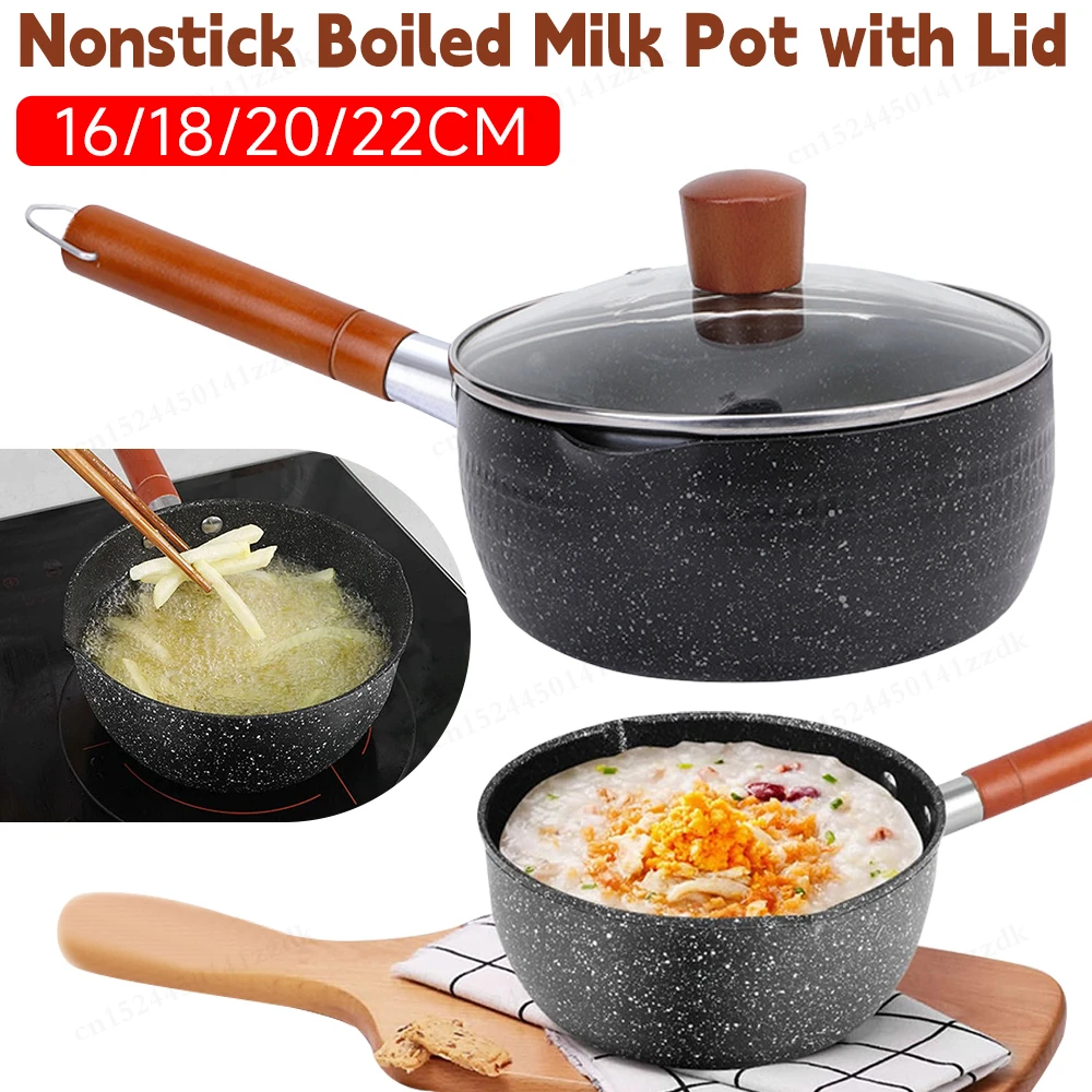 Mini Wooden Handle Boiling Pan with Pour Spout Kitchen Utensils Kitchen Practical Cookware Saucepan Milk Pot Frying Pan Househol