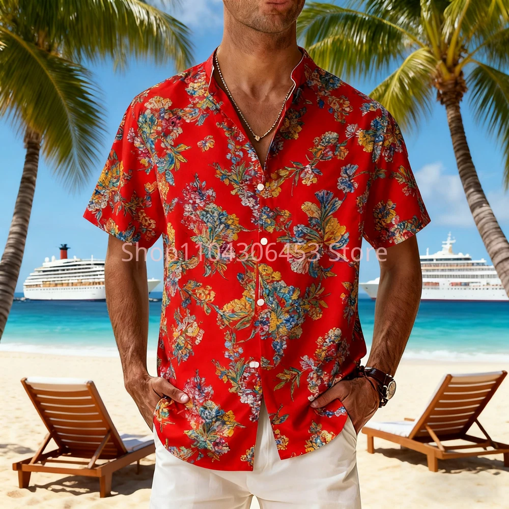 Men's 10-color Leaves Flowers Big Red Big Green 3D Printed Short-sleeved Lapel Hawaii Beach Party Thin Breathable Casual Shirt