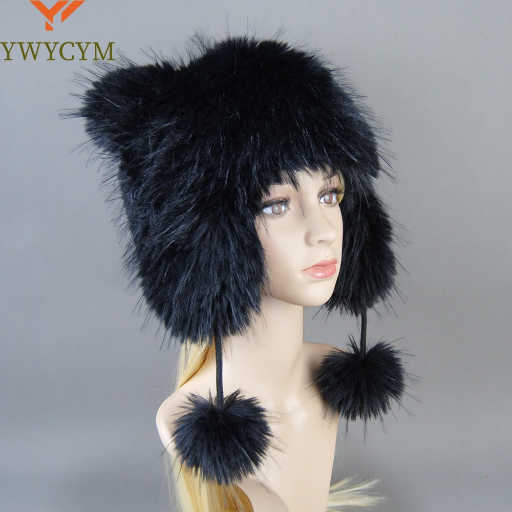 

False Raccoon Fur Pompom Bomber Hats Russian Female Beanies False Raccoon Fur Hat Knitted Skullies Beanies Women's Winter Hats