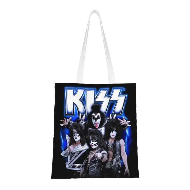 Custom Music Rock Band Kiss Shopping Canvas Bag Women Washable Grocery Demon Thriller Rock Tote Shopper Bags