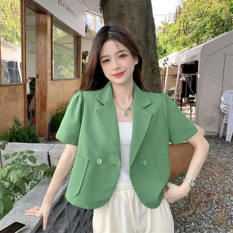 Summer Korean Cropped Blazers Women Short Sleeve Suit Jacket Woman Solid Color Double Breasted Office Outwear Ladies