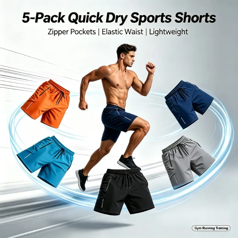 UETEEY 5-Pcs Summer Gym Running Shorts Men Breathable Quick Dry Drawstring Sports Jogging Casual Loose Fit Workout Mens Shorts