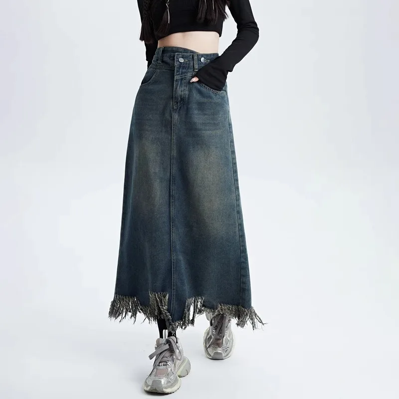 2025new Vintage High Waist Tassel Denim Skirt Women Spring Fashion Personality Slimming Small Stature Slit Raw Edge A-Line Skirt