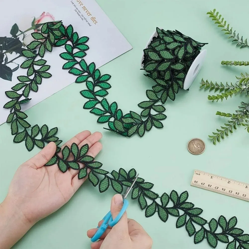 

5-ярдовая кружевная лента с отделкой листьев, 2-1/8 дюйма, широкая лента в форме листа, отделка края растения, вышитая кружевная отделка, зеленая аппликация