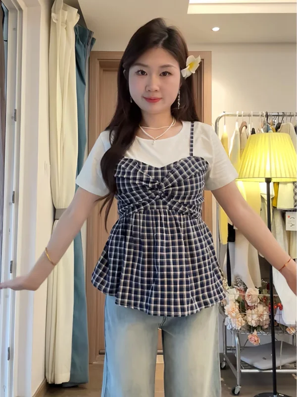 เสื้อยืดลายสก็อตสำหรับผู้หญิงไซส์ใหญ่ สไตล์เกาหลี แฟชั่นลำลอง ใส่ทำงานได้ ดีไซน์สองชิ้นหลอกๆ คอกลม ทรงปกติ