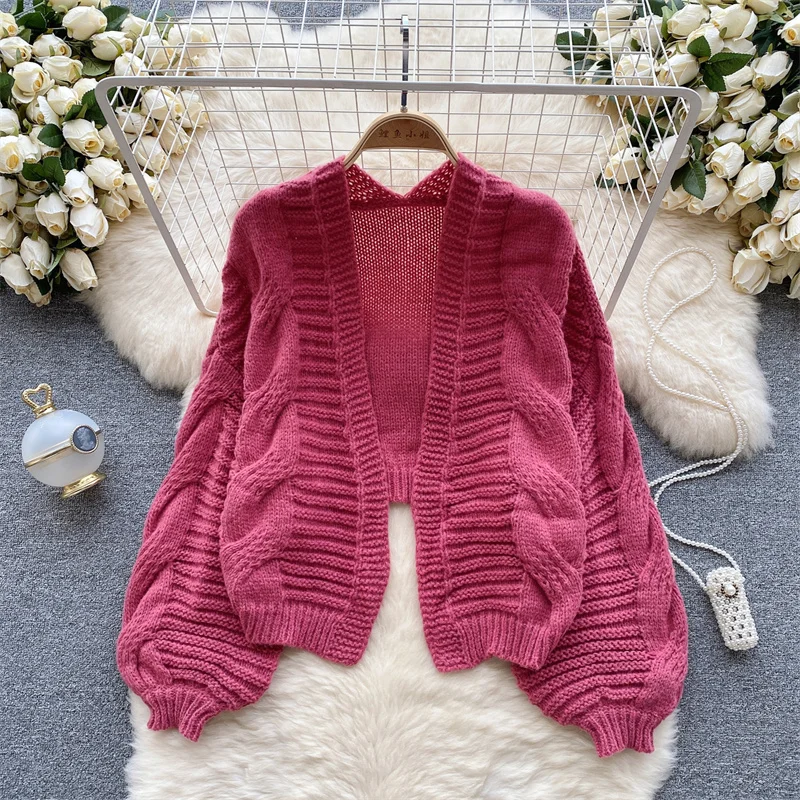 2024 New V-neck Slim Short Knitted Cardigan Jacket Women Spring Autumn Red Blue Cropped Knitwear Long Sleeve Female Knit Tops