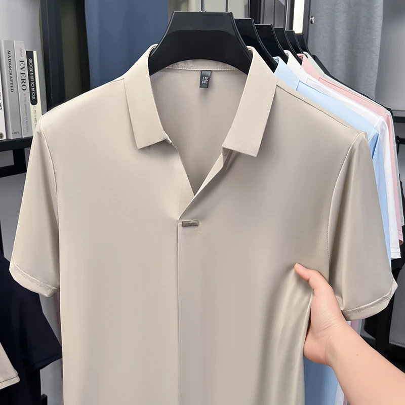 Herren Eisseide Hemd mit verdecktem Knopf, Reverskragen, Kurzarm, Slim Fit, weich, knitterfrei, atmungsaktiv, Sommer-Oberteil – Detail 12